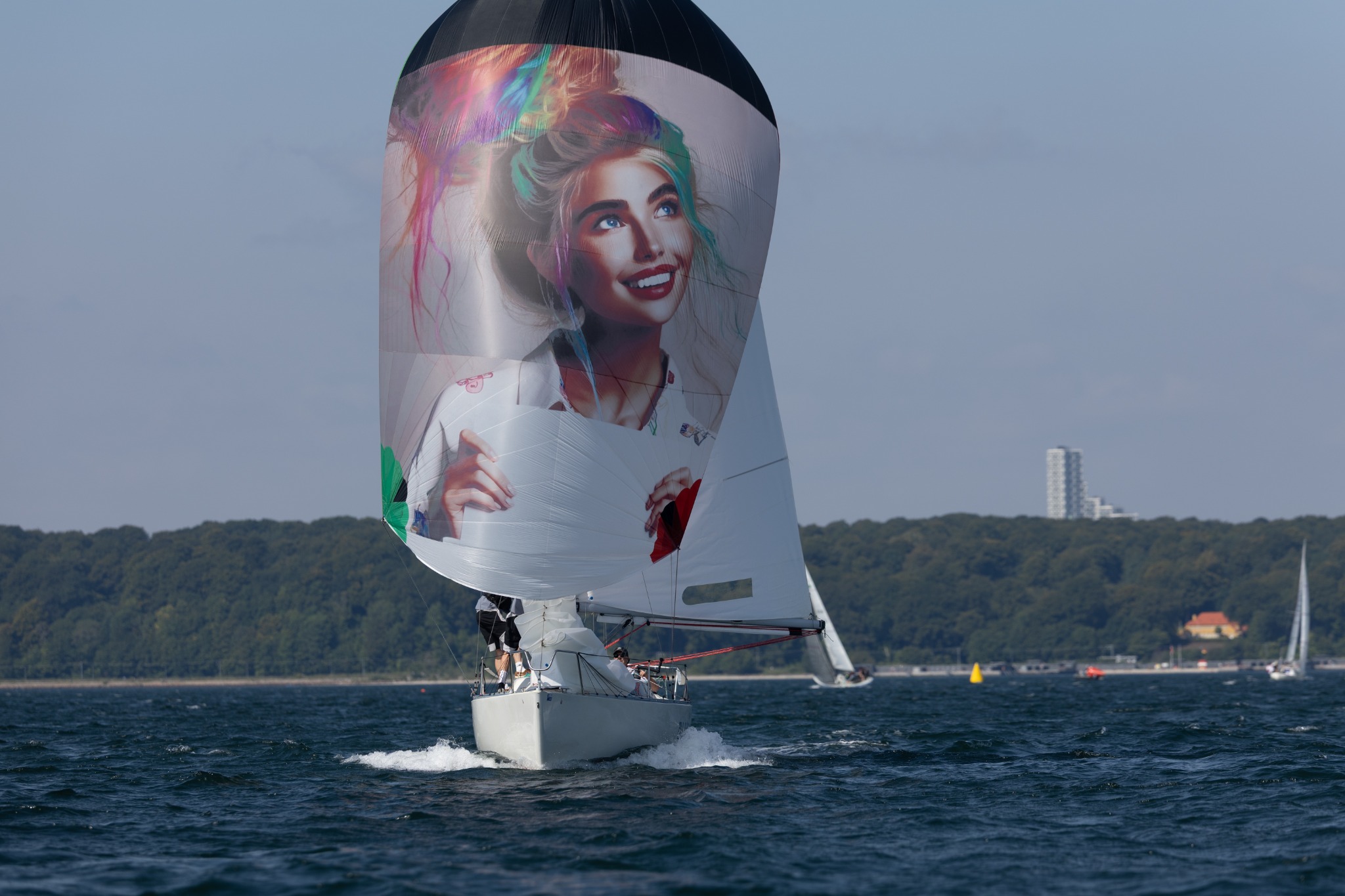 Printed racing spinnaker sailing at speed